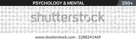 Psychology and mental linear icons collection. Big set of more 250 thin line icons in black. Psychology and mental black icons. Vector illustration [[stock_photo]] © 