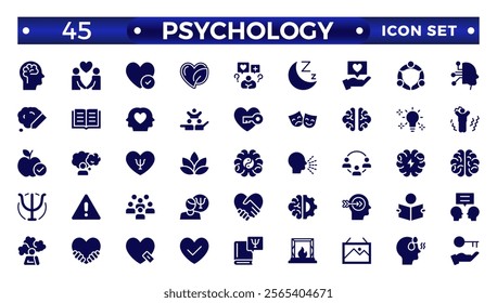 Psychology and mental solid icons collection. Big UI icon set in a flat design.Set of positive thinking icon. Containing self-care, optimism, be loved, healthy lifestyle, happiness. Solid icon set.
