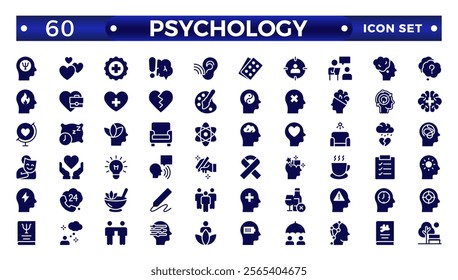 Psychology and mental solid icons collection. Big UI icon set in a flat design.Set of positive thinking icon. Containing self-care, optimism, be loved, healthy lifestyle, happiness. Solid icon set.
