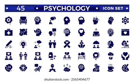 Psychology and mental solid icons collection. Big UI icon set in a flat design.Set of positive thinking icon. Containing self-care, optimism, be loved, healthy lifestyle, happiness. Solid icon set.
