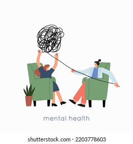 Psychology mental therapy session. Psychotherapy help concept. Flat vector illustration 