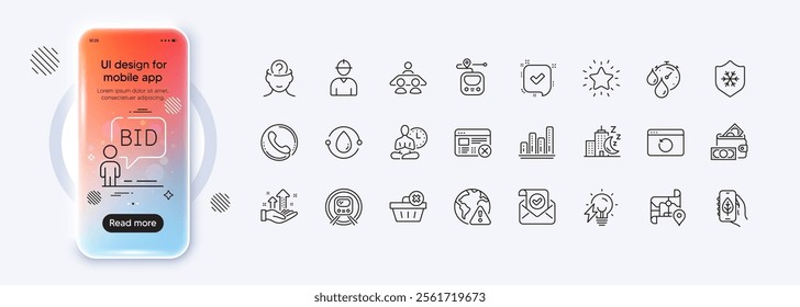 Psychology, Metro subway and Auction line icons for web app. Phone mockup gradient screen. Pack of Graph chart, Money wallet, Night city pictogram icons. Vector