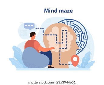 Psychologie. Mind Labyrinth oder Labyrinth. Gedanken-, Entscheidungs- und Analyseprozess. Der Charakter steckte fest und kann keinen Weg im Kopf finden. Flache Vektorgrafik