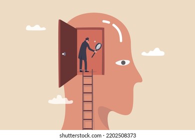 Psychology and mindset, deep mind thinking or mental health diagnose, intelligence brain or depression, emotion or cognitive concept, detective man climb up to human brain investigating problem.