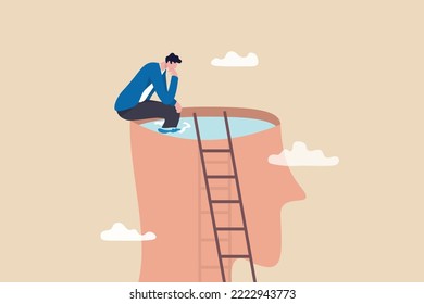 Psychology, mindset or thinking process, thought or imagination, wisdom or intelligence brain, solving problem or mental and emotional concept, contemplation thinking man climbing to sit on his brain.