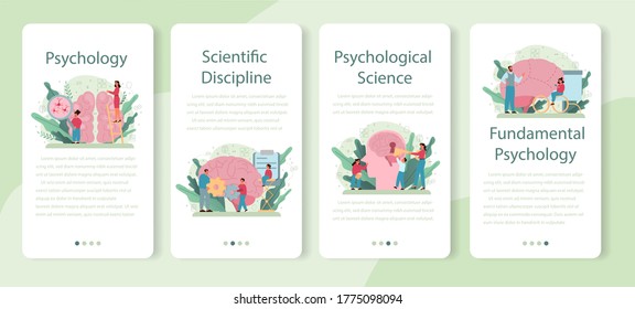 Psychology mobile application banner set. Mental and emotional health studying. Studying of the mind and behavior of human. Isolated flat vector illustration