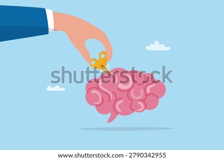 Psychology or neurology cognition, brain intelligence or mindfulness memory, creativity or inspiration to success, help or support thought attitude, hand wind up on brain consciousness control.