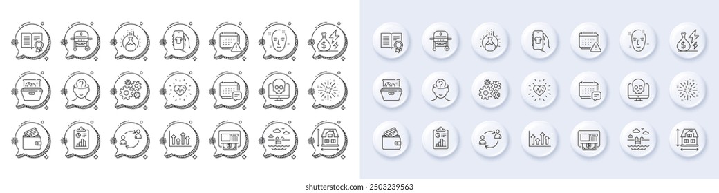 Psychology, Notification and Heartbeat line icons. White pin 3d buttons, chat bubbles icons. Pack of Report, Gas grill, Dishwasher icon. Upper arrows, Shop app, Electricity price pictogram. Vector