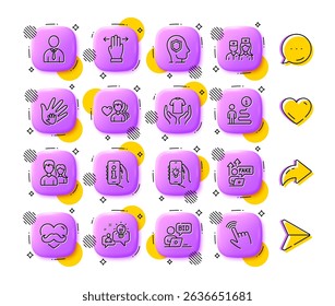 Psychology, Online auction and Idea line icons. App 3d buttons. Social media comment, share, like icons. Pack of Fake internet, Human, Doctor icon. Vector