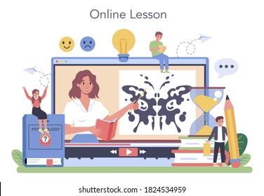 Psychology online service or platform. Mental and emotional health studying. Studying of the mind and behavior of human. Online lesson. Flat vector illustration
