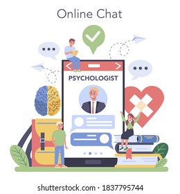 Psychology online service or platform. Mental and emotional health studying. Studying of the mind and behavior of human. Online chat with professor. Flat vector illustration