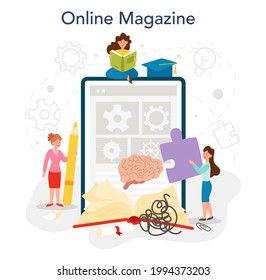 Psychology online service or platform. People's mental and emotional health studying. Students learning science of mind. Online magazine. Flat vector illustration
