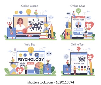 Psychology online service or platform set. Mental and emotional health studying. Studying of the mind and behavior of human. Online lesson, chat with professor, website, test. Flat vector illustration