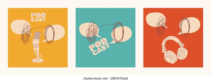 Psychology online. Set of cover templates for podcast shows. Podcasts or broadcasts of a psychologist or psychotherapist. Colored vector illustrations.