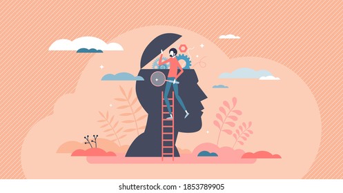 Psychology as open mind therapy to solve emotional inner mess tiny person concept. Symbolic head research scene as specialist session visit for anxiety and frustration help support vector illustration