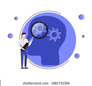 Psychologie als offene Geistestherapie, um emotionales inneres Chaos winzige Person Konzept zu lösen. Symbolische Head-Research-Szene als spezieller Sitzungsbesuch für Angst und Frustration helfen Vektorgrafik-Illustration zu unterstützen