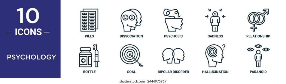 el conjunto de iconos de esquema de psicología incluye píldoras de línea fina, disociación, psicosis, tristeza, relación, botella, iconos de objetivos para el informe, presentación, diagrama, Diseño web