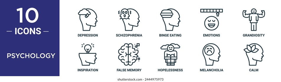 psychology outline icon set includes thin line depression, schizophrenia, binge eating, emotions, grandiosity, inspiration, false memory icons for report, presentation, diagram, web design