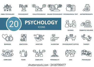 Psychology outline icons set. Creative icons: family psychology, psychologist, child psychology, online psychology, psychological test and more