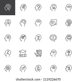 Psychology outline icons set. linear style symbols collection, line signs pack. vector graphics. Set includes icons as Creativity, Solution, Confusion, Emotions, Human Head, Mind, Brain, Neurology