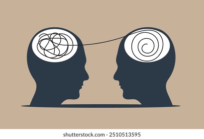 Psychology Overthinking Two Heads with Different Thought Patterns Interacting. People emotions and state of mind concept