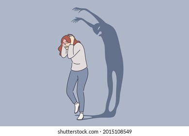 Psychology, panic attack, phobia, frustration concept. Frightened Woman cartoon character standing escaping scary shadow monster suffering from fears of mental health vector illustration 