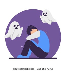 Psicologia, ataque de pânico, fobia, frustração, conceito de medos internos. Jovem sentado e se sentindo mal com fantasmas, medos. Saúde mental e doenças.