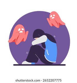 Psicologia, ataque de pânico, fobia, frustração, conceito de medos internos. mulher hijab sentada e se sentindo mal com fantasmas, medos. Saúde mental e doenças.