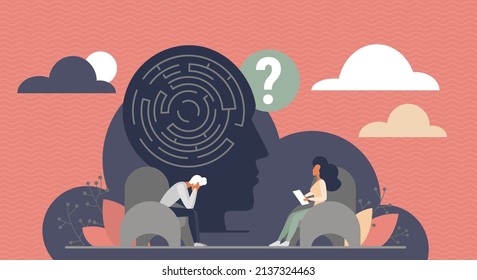 Psychology, philosophy, spiritual troubles and support therapy. Maze inside of human head, person feeling stress in need of counseling session, mental health treatment flat vector illustration