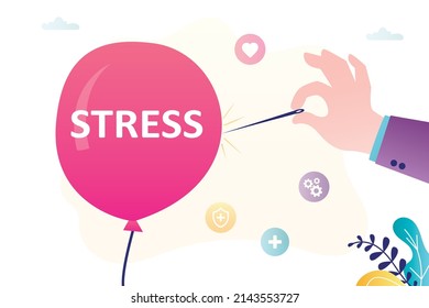 Psychology pressure, mental health. Stress management, relaxation to relieve anxiety from your mind. Reduce stress. Doctor help solve anxiety problem using needle to burst stress balloon. Flat vector