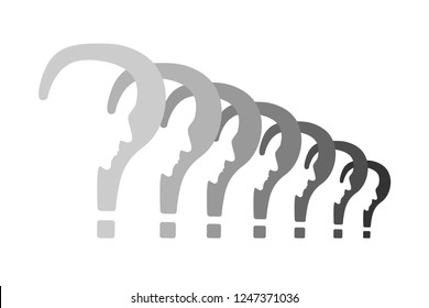 Psychology problem concept. Stock vector illustration of a question mark with cut out profile inside in a row.