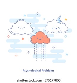 Psychology problem, mental operations. Cute Clouds with different emotions. Stress psychology problem illustration in flat thin line design, isolated vector illustration on white.