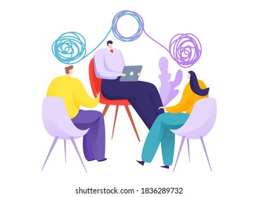 Psychology problem, vector illustration. Psychiatrist work with mental health depression, counseling therapy for people. Woman man character at social psychoterapy session, confuse patient mind.