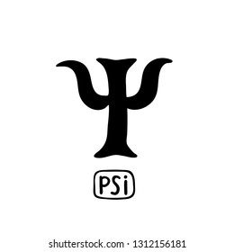 Psychology. Psi Greek letter symbol. Black of hand drawn icon on theme of psychology. Doodle style flat vector illustration.