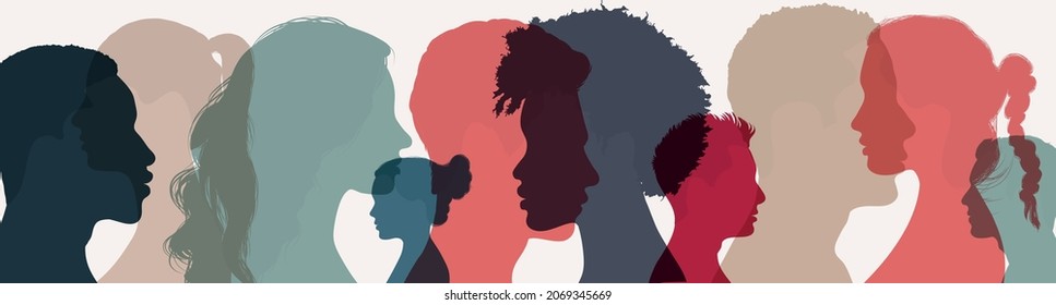 Psychology and psychiatry concept. Silhouette heads faces in profile of multiethnic and multicultural people.Psychological therapy.Patients under treatment.Diversity people.Team community