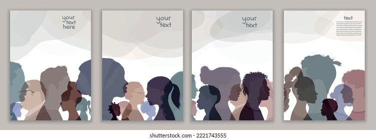 Psychology and psychiatry concept. Silhouette heads faces in profile of multicultural people.Psychological therapy.Patients under treatment.Team community.Banner - Template copy space