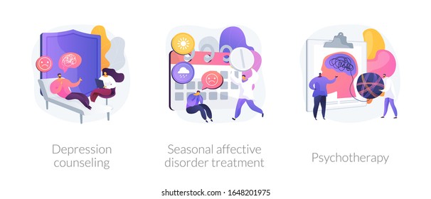 Psychology and psychiatry, mental disorder therapy. Depression counseling, seasonal affective disorder treatment, psychotherapy metaphors. Vector isolated concept metaphor illustrations.