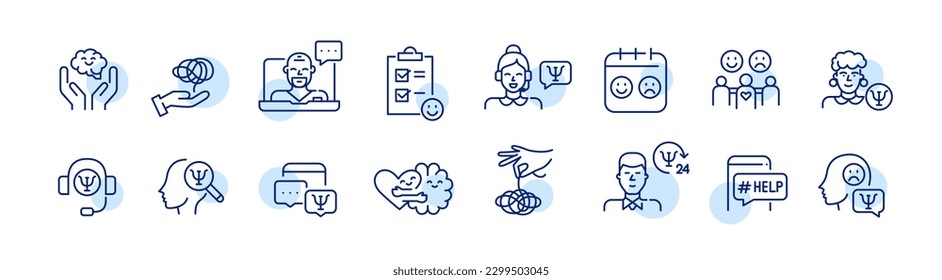 Psychology and psychiatry. Mental health help. Pixel perfect, editable stroke line design icons set