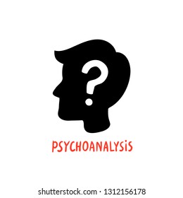 Psychology. Psychoanalysis. Male character silhouette profile with question mark inside. Psychology help concept, therapy, solution of psychological problems. Doodle style flat vector illustration