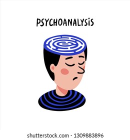 Psychology. Psychoanalysis. Man character with maze in head. Psychology help concept, therapy, neurological diseases, solution of psychological problems. Doodle style flat vector illustration