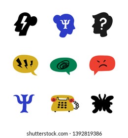 Psychology. Psychological counseling icons. Psychology, brain and mental health vector icons set on white background. Naive style flat vector illustration