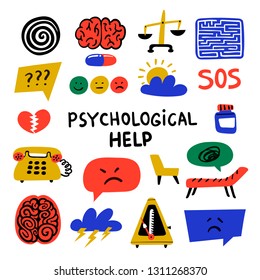 Psychology. Psychological help. Set of hand drawn icons on theme of psychology. Psychology, brain and mental health vector icons or logos set.Doodle style flat vector illustration.