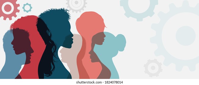 Psicología. Terapia psicológica. Psiquiatría y neurología. Inteligencia de la memoria mental y cognición. Silhouette se dirige a un grupo de gente de perfil. Neurociencia. Asistencia