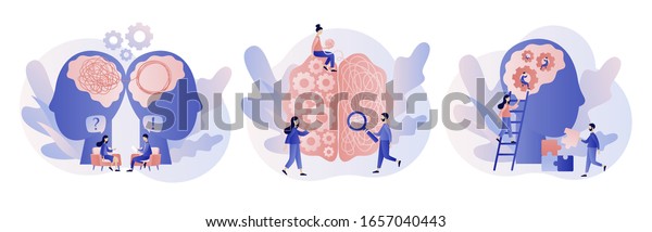 Psychology. Psychologist\
online. Psychotherapy practice, psychological help, psychiatrist\
consulting patient. Modern flat cartoon style. Vector illustration\
on white\
background
