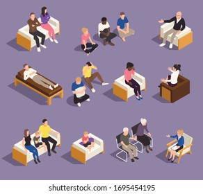 Psychology psychotherapy individual marriage and family therapy sessions isometric set with counselors helping clients vector illustration 