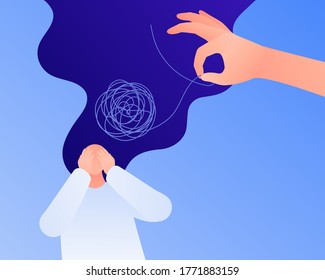 Psychology, psychotherapy and mental health care concept. Vector flat person illustration. Woman patient with hands over face. Hand help by untangle thread. Design for banner template, web, ads.