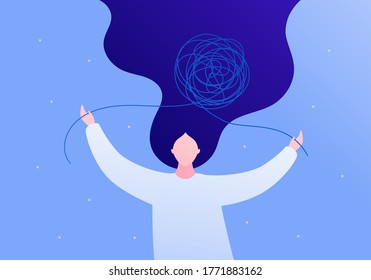 Psychology, psychotherapy and mental health care concept. Vector flat person illustration. Woman patient untangle tangled thread. Design for square banner template, web, ads.