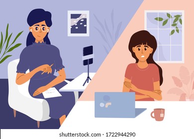 Psychology or psychotherapy online session. Video call with woman psychologist. Sad scared girl talking to psychotherapist. Support, help with mental problem, depressive disorders. Vector illustration