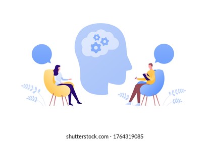 Psychology, psychotherapy and psychiatry counseling concept. Vectop flat person illustration. Human head with brain. Man psychologist and female patient. Speech bubble sign. Design element.