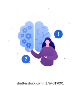 Psychology, psychotherapy and psychiatry counseling concept. Vectop flat person illustration. Human brain sign. Woman psychologist with question and answer in talk bubble sign. Design for banner, web.